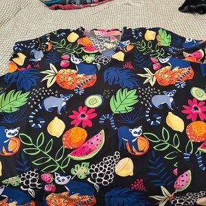 Butter-Soft Womens scrub Top in Black with Tropical Fruit & Lemur Print